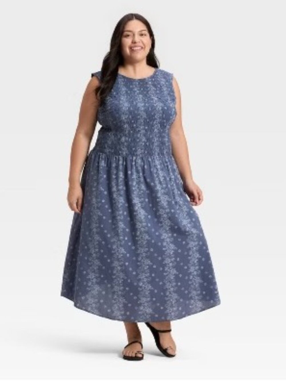 Universal Thread Blue Floral Smocked Sleeveless Boat Neck Cotton Midi NWT XXL